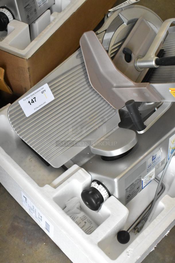 Bizerba SE 12 D US Metal Commercial Meat Slicer in packaging. Features adjustable slicing knob, 120V, 1 Phase. Model details visible.