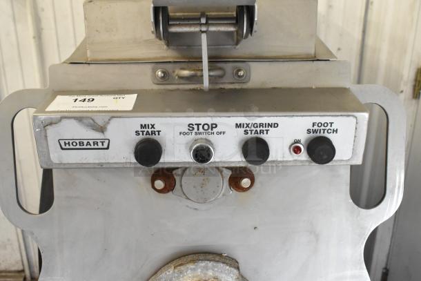 Hobart MG2032 Metal Commercial Meat Mixer, floor style, 208/240V, 3-phase. Features controls for mix, stop, and grind.