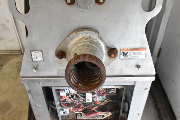 Hobart MG2032 metal commercial meat mixer, floor style, visible mechanics, 208/240V, 3 phase, caution and warning labels.
