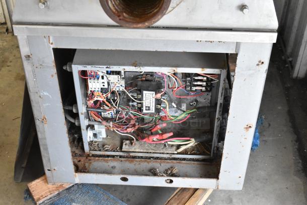 Hobart MG2032 Meat Mixer control box with wiring exposed, shows rust and wear. Commercial use, 208/240V, 3 Phase.