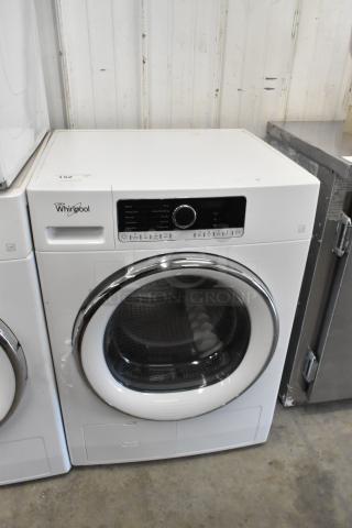 Whirlpool front load dryer in white with digital controls, metal construction, excellent condition.
