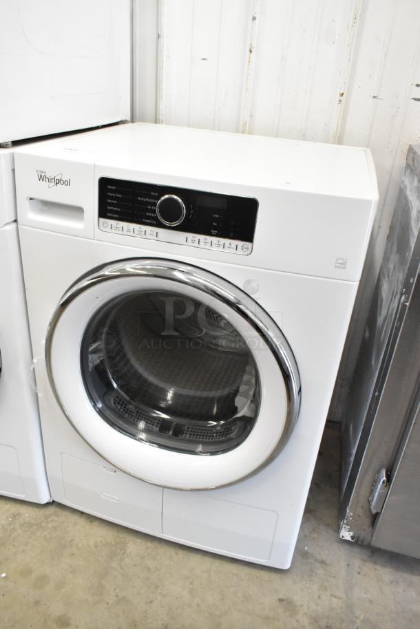 Whirlpool metal front load dryer, white finish, chrome door trim, digital control panel, gently used condition.
