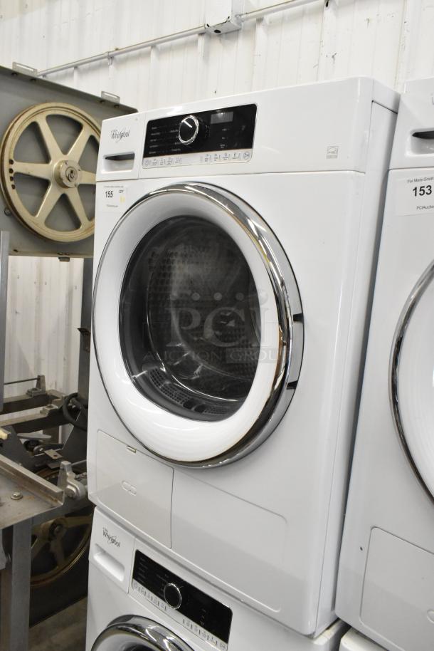 Whirlpool front load dryer, metal exterior, white, chrome-trimmed door, electronic control panel.