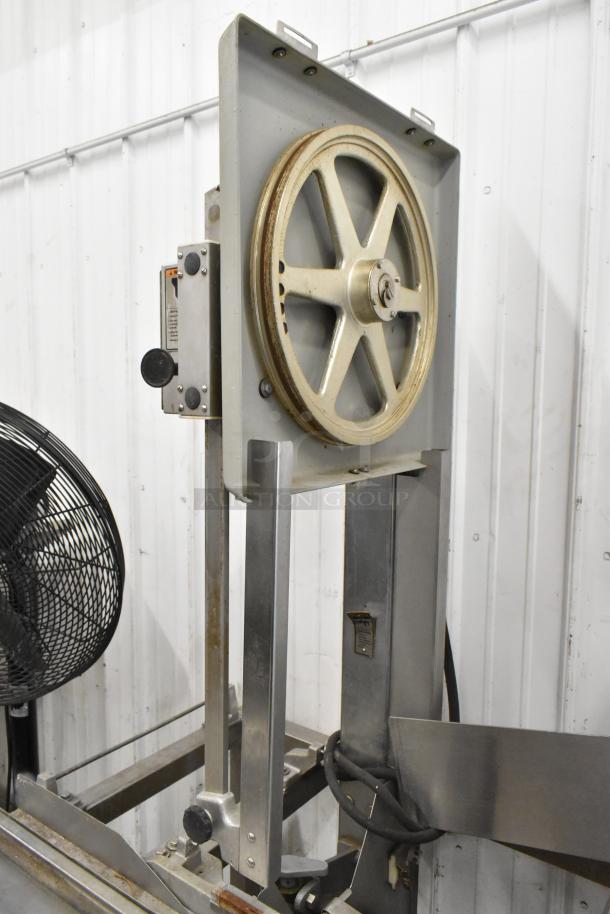 Hobart 6801 commercial floor meat saw, metal construction, 200-230 volts, 3 phase, in used condition, visible controls.