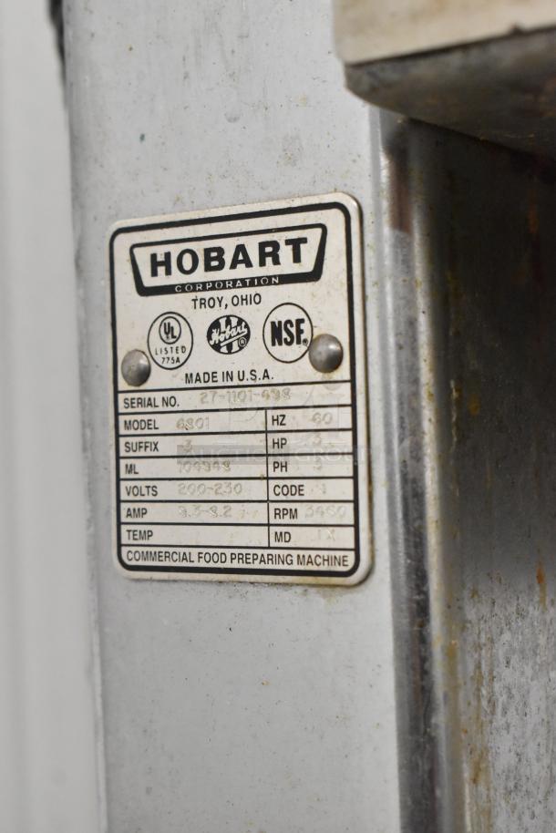 Hobart 6801 Metal Commercial Floor Meat Saw, 200-230V, 3 Phase. Serial No. 27-1101-938. NSF, UL certifications shown.