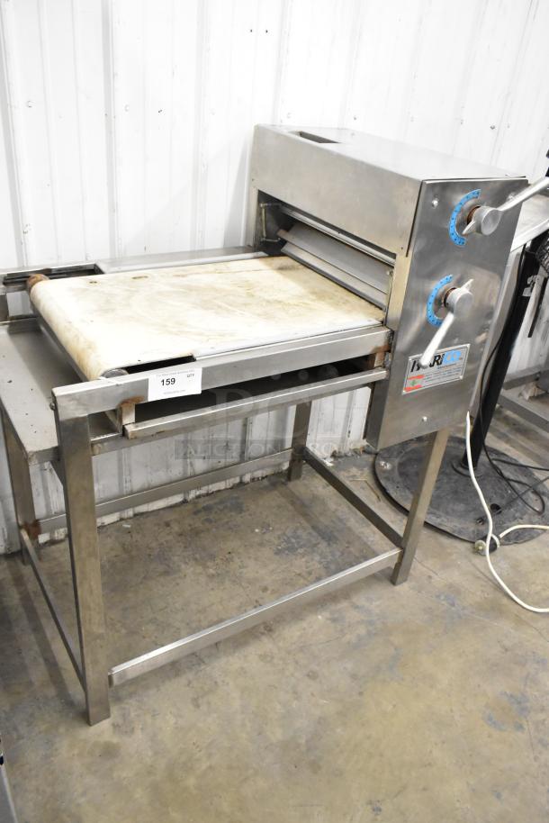 Bakri Co Metal Dough Sheeter, floor style, 250 volts, commercial use. Features adjustable rollers and sturdy metal frame.