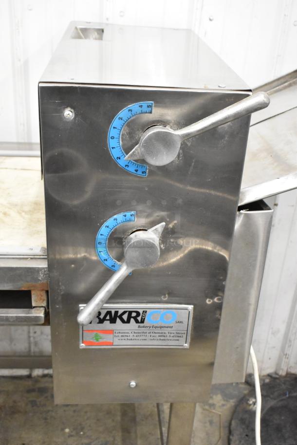 Bakri Co Metal Commercial Floor Dough Sheeter, 250 Volts, features adjustable rollers and sturdy construction.