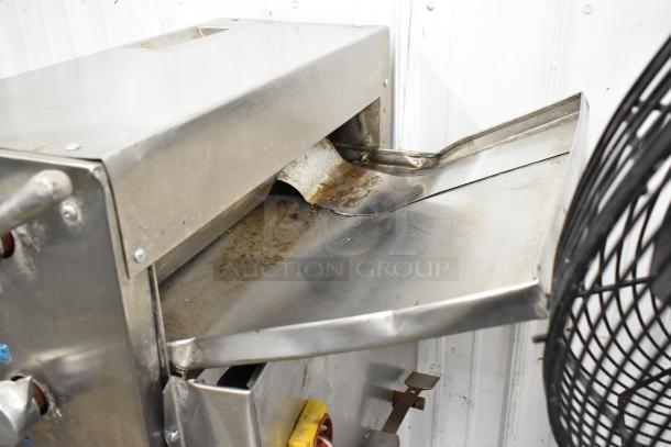 Bakri Co Metal Commercial Dough Sheeter, floor style, 250 volts. Features stainless steel construction with visible wear.
