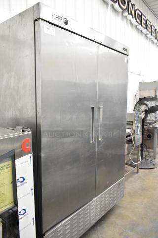 Fagor QR-2 stainless steel commercial 2-door reach-in cooler on casters, 115V, 1 phase, in good condition.