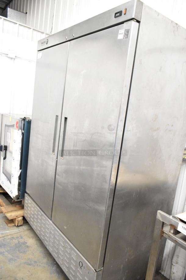 Fagor QR-2 stainless steel commercial 2-door reach-in cooler, on commercial casters, 115V, 1 phase, visible labels, slight wear.