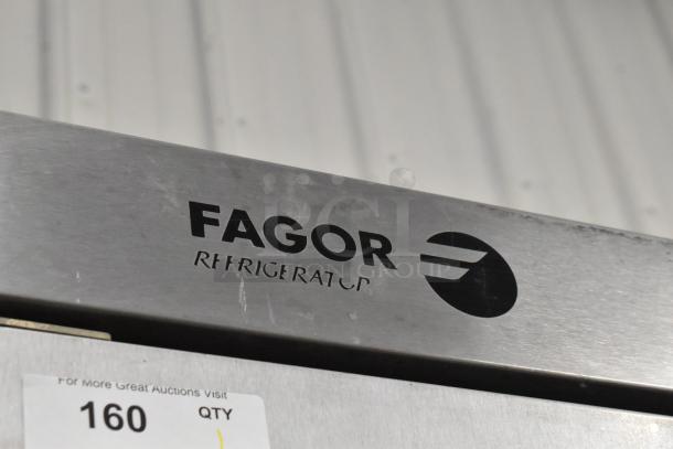 Fagor QR-2 stainless steel commercial 2-door reach-in cooler, 115 volts, 1 phase. Marked with branding and auction label.