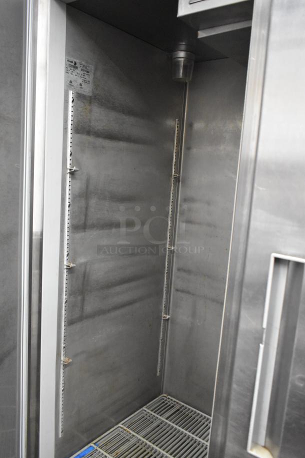 Fagor QR-2 stainless steel 2-door reach-in cooler, commercial casters, 115V, 1 phase, model QR-2, interior view shown.