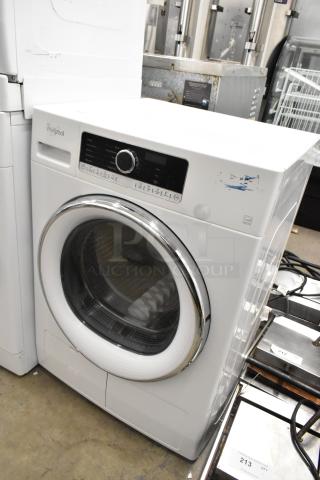 Whirlpool front load dryer, metal finish, 120 volts, 1 phase. Features digital display and chrome trim. Slight cosmetic wear visible.