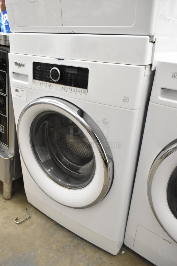 Whirlpool WFW5090JW 0 front load dryer, white, metal, 120V, 1 phase, digital controls, visible Whirlpool logo.