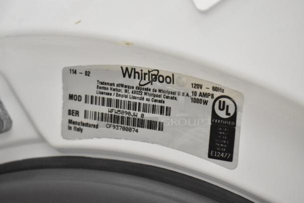 Whirlpool WFW5090JW 0 front load dryer label showing model, 120V, 10 AMPS, 1000W, and UL certification.