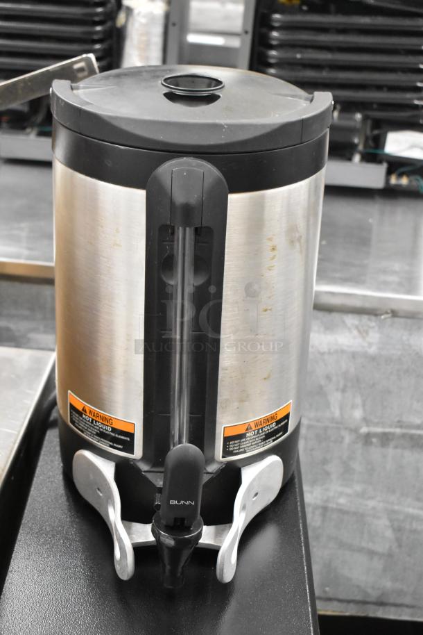 2020 Bunn ICB SH stainless steel commercial coffee machine with hot water dispenser and satellite server. Visible warning labels.