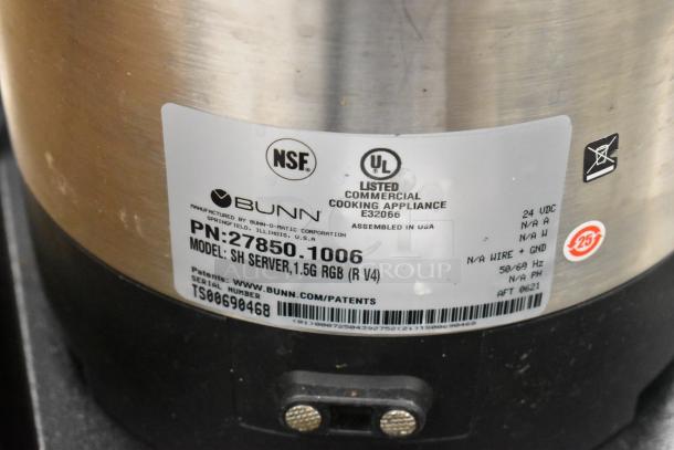 2020 Bunn ICB SH stainless steel commercial coffee machine label, NSF and UL listed, PN: 27850.1006, model details.