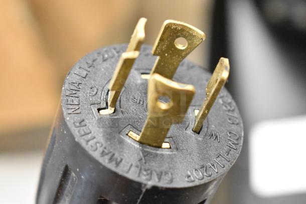 Close-up of a power plug labeled NEMA L14-20, part of the Bunn ICB SH coffee machine.