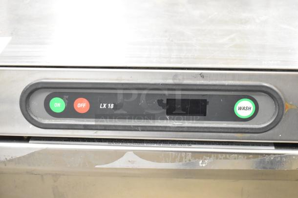Hobart LXIH stainless steel commercial undercounter dishwasher, control panel with on/off and wash buttons, model LXIH.