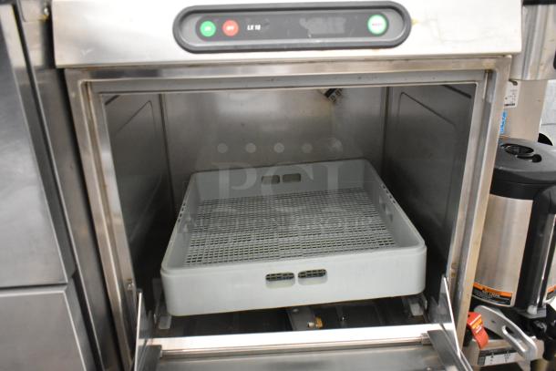 Hobart LXIH stainless steel undercounter dishwasher, commercial, 120/208V, 1 phase, interior view with rack.