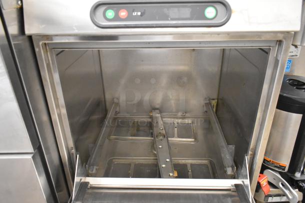 Hobart LXIH stainless steel undercounter dishwasher, visibly clean interior, control panel with buttons, 120/208V, 1 phase.