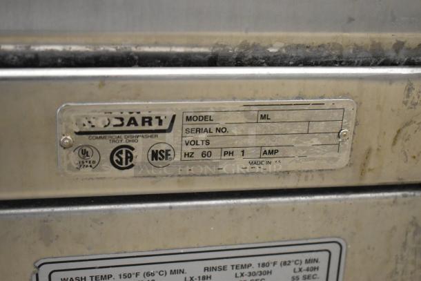 Hobart LXIH stainless steel commercial undercounter dishwasher label showing model info, UL and NSF certifications.