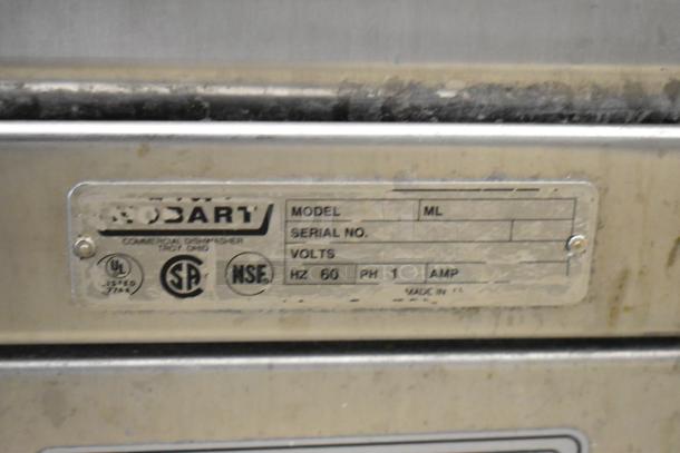Hobart LXIH stainless steel commercial undercounter dishwasher label, showing model, voltage, and certification details.