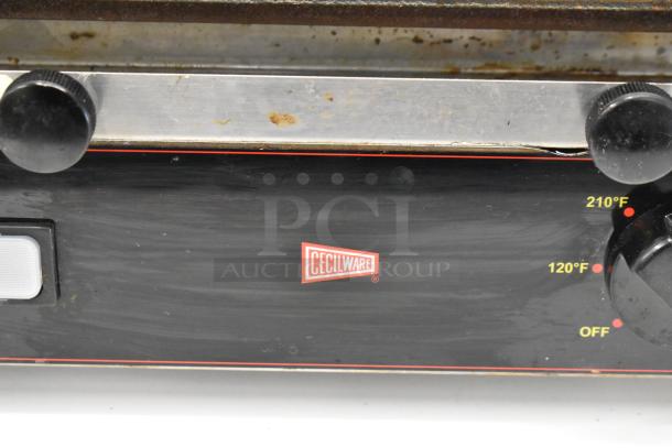 Cecilware ELG-1F stainless steel electric griddle with controls, showing temperature settings from 120°F to 210°F, and brand logo.