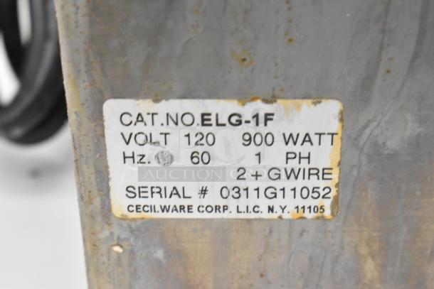 Cecilware ELG-1F stainless steel commercial flat top griddle, 120V, 1 phase, electric. Visible model label indicates specifications.