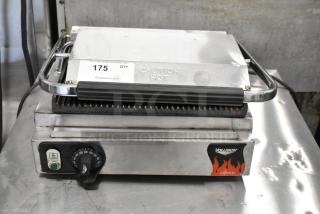 Vollrath Cayenne stainless steel panini press, commercial countertop model, with temperature dial, 120 volts, 1 phase, "Caution Hot" label.