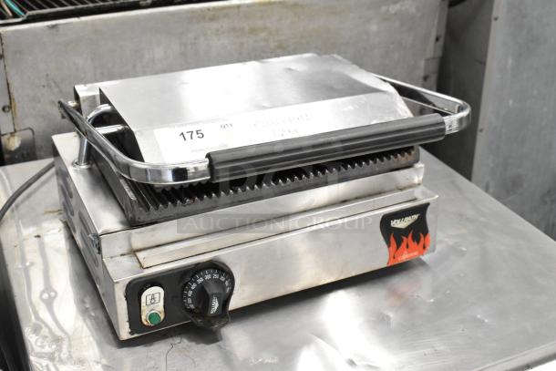 Vollrath Cayenne stainless steel commercial panini press, 120 volts, 1 phase, with temperature dial and markings, used condition.