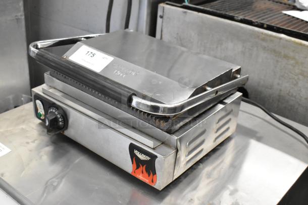 Vollrath Cayenne stainless steel panini press, 120 volts, 1 phase, commercial countertop model, used condition.