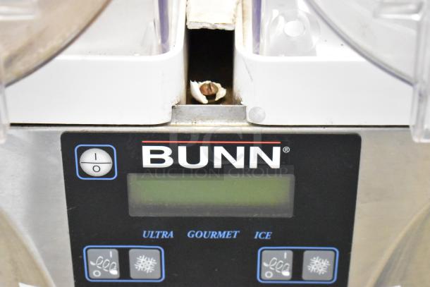 Bunn Stainless Steel 2 Hopper Slushie Machine, no lids. 115 Volts, 1 Phase. Shows front panel with controls and brand logo.