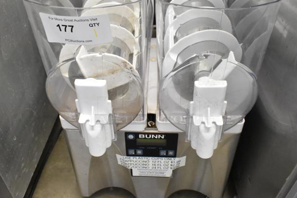 Bunn Stainless Steel 2 Hopper Slushie Machine, no lids, 115V, 1 phase, auction tag 177 visible, suitable for commercial use.
