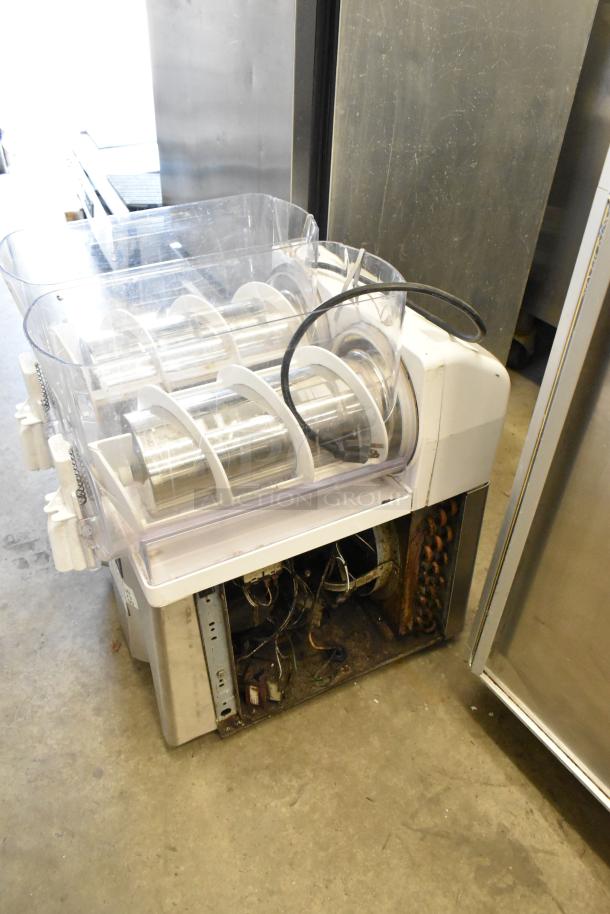 Bunn stainless steel 2 hopper slushie machine, countertop model, no lids, 115 volts, 1 phase, visible wiring, moderate wear.