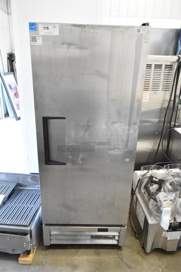 2017 True T-12-HC stainless steel single door reach-in cooler, commercial use, visible wear, 115 volts, 1 phase.