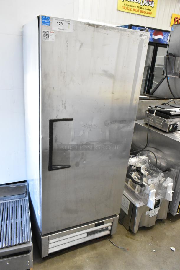 2017 True T-12-HC stainless steel commercial single door reach-in cooler, 115V, 1 phase, some visible wear.
