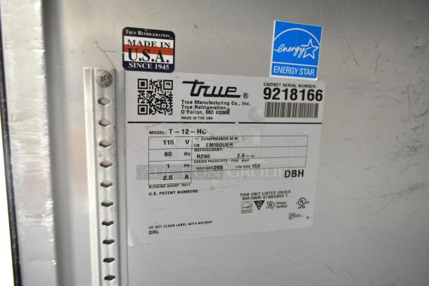 2017 True T-12-HC stainless steel commercial cooler label, showing model, 115V, 1 phase, Energy Star certified. Made in USA.