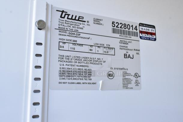 True GDM-23F Freezer, commercial single door, 115V, model label detailing specs, NSF and UL certified, USA made.