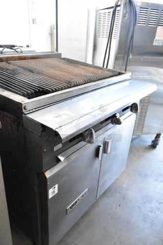 Vulcan VCBB36B stainless steel charbroiler grill, natural gas powered, 98,000 BTU, commercial use, visible controls, used condition.