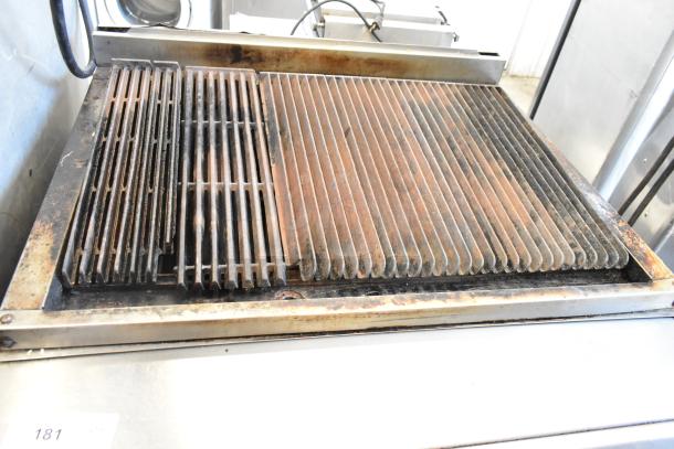 Vulcan VCBB36B stainless steel commercial charbroiler grill with visible wear. Natural gas, 98,000 BTU, Model VCBB36B.