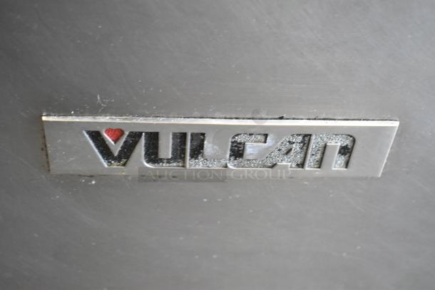 Vulcan VCBB36B stainless steel commercial charbroiler grill. Features 98,000 BTU natural gas power, Vulcan logo prominent.
