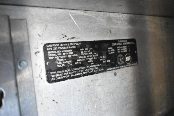 Vulcan VCBB36B stainless steel commercial charbroiler grill label showing model and 98,000 BTU rating.