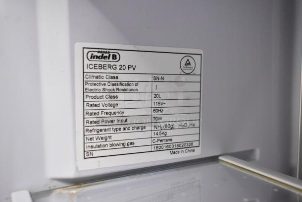 Indel B Iceberg 20 PV Mini Cooler label. Shows 115V, 70W, 20L capacity, NH3 refrigerant, made in China.