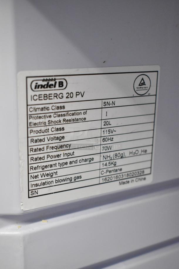 Indel B Iceberg 20 PV Mini Cooler label showing specs: 20L, 115 Volts, 70W, NH3 refrigerant, C-Pentane insulation.