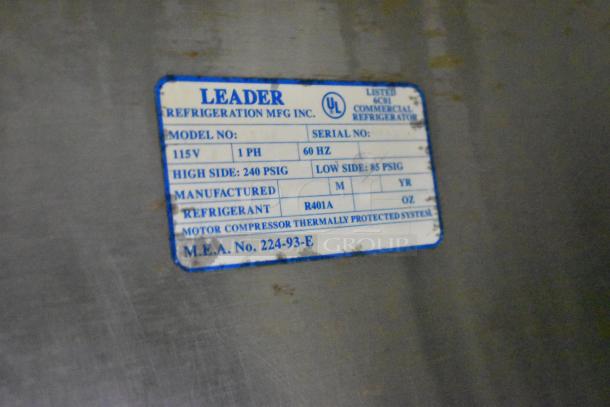 Leader Stainless Steel 2 Door Undercounter Cooler label. 115V, 1 Phase, R401A refrigerant, thermally protected system.