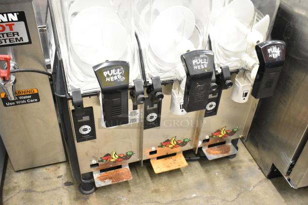 Elmeco FC3 slushie machine with three hoppers, stainless steel, commercial-grade, 115V 1 phase, "Pull Here" labels visible.