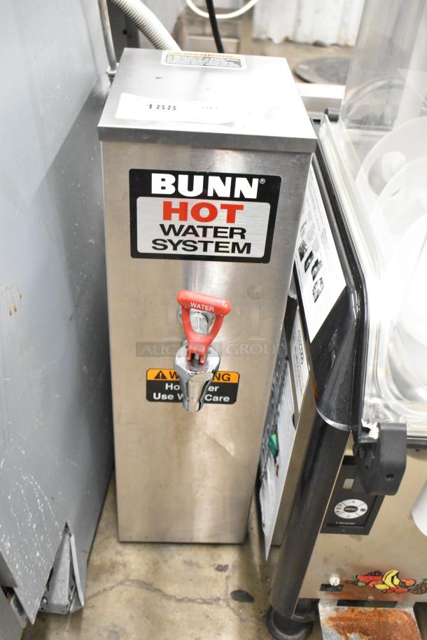 2017 Bunn HW2 Stainless Steel Hot Water Dispenser, 120V, 1 Phase. Visible "HOT WATER SYSTEM" label, red spout handle.