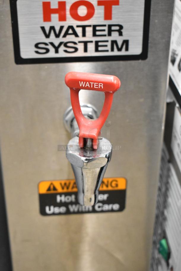 2017 Bunn HW2 Stainless Steel Hot Water Dispenser, red handle, warning label, 120V, 1 Phase, commercial use.