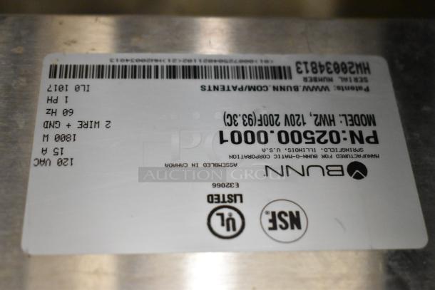 2017 Bunn HW2 Hot Water Dispenser, stainless steel, 120V, 1 phase. Label indicates model, certifications, and origin.